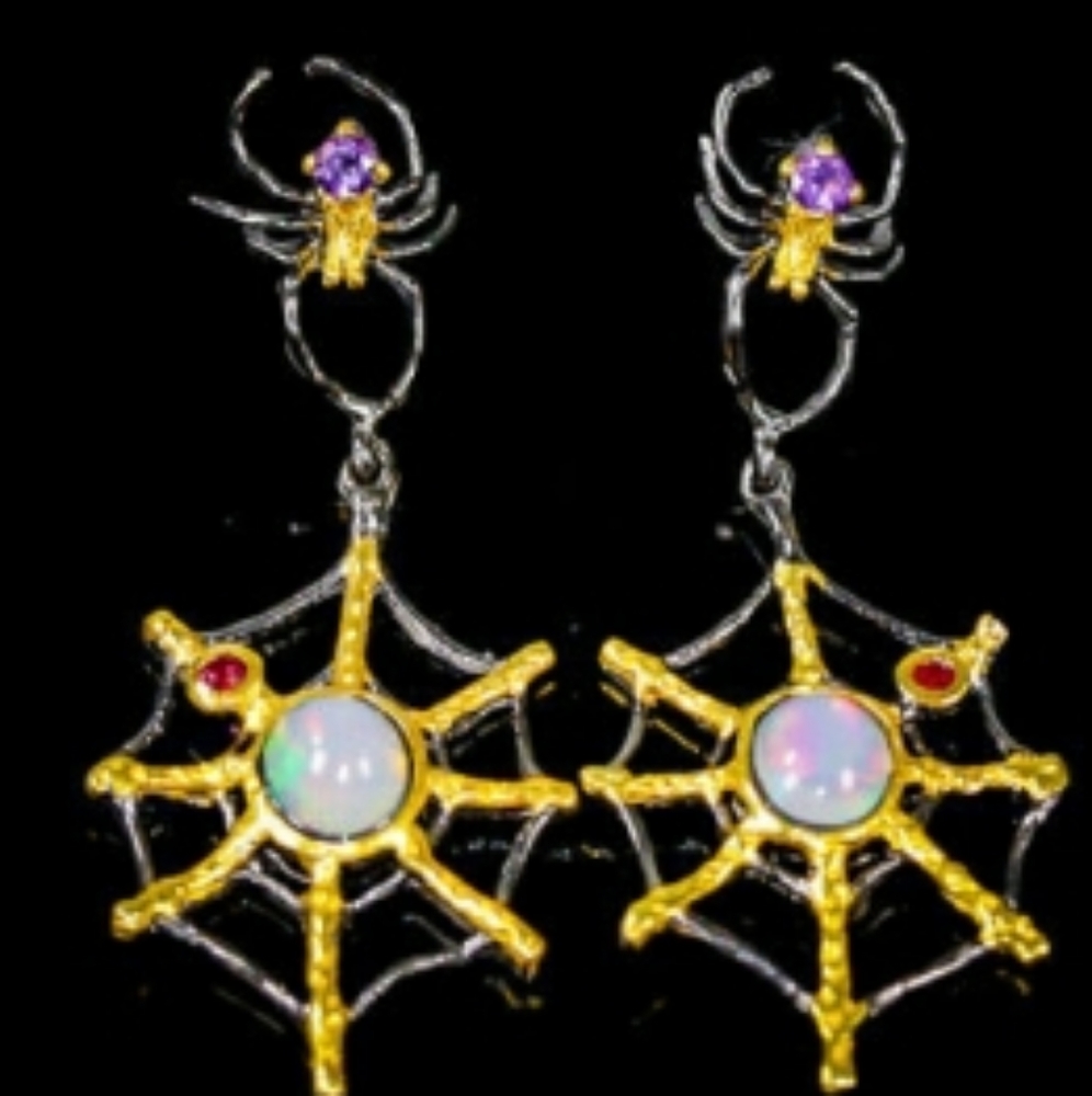 Spider W/ Web Gemstone Earrings aa5